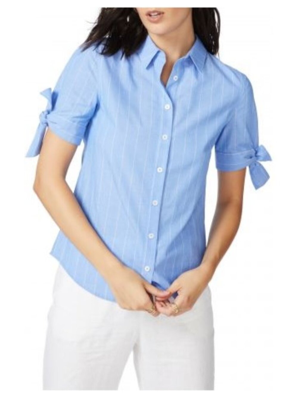 Wide Stripe Tie Cuff Cotton Shirt By Court & Rowe Size Medium Color Blue